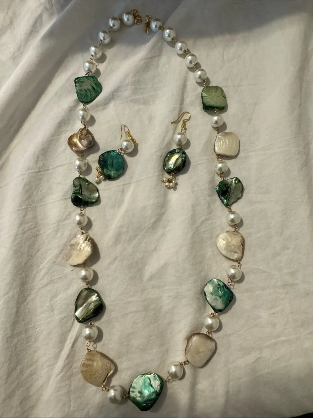 Green and Pearl Shell Statement Necklace & Earrings Set